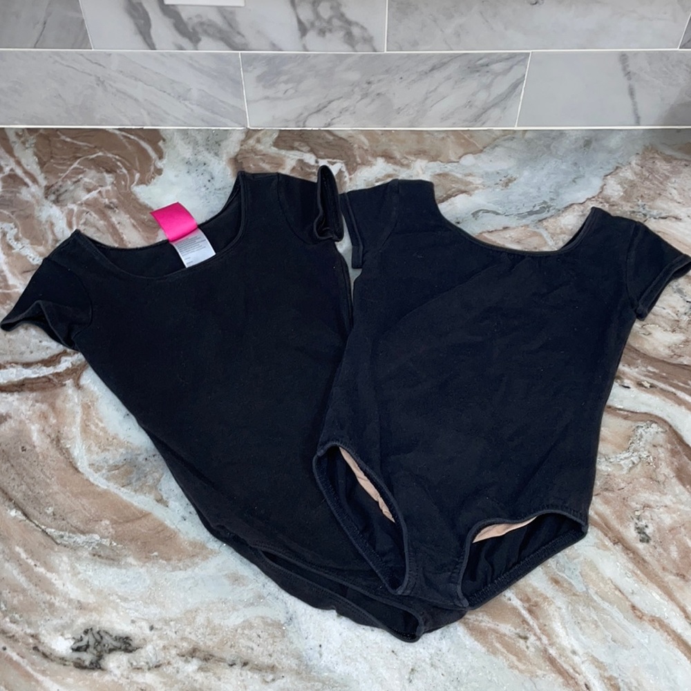 EUC Lot of 2 Capezio & MotionWear Cap Sleeve Kids Black Dance Leotard Size Small
